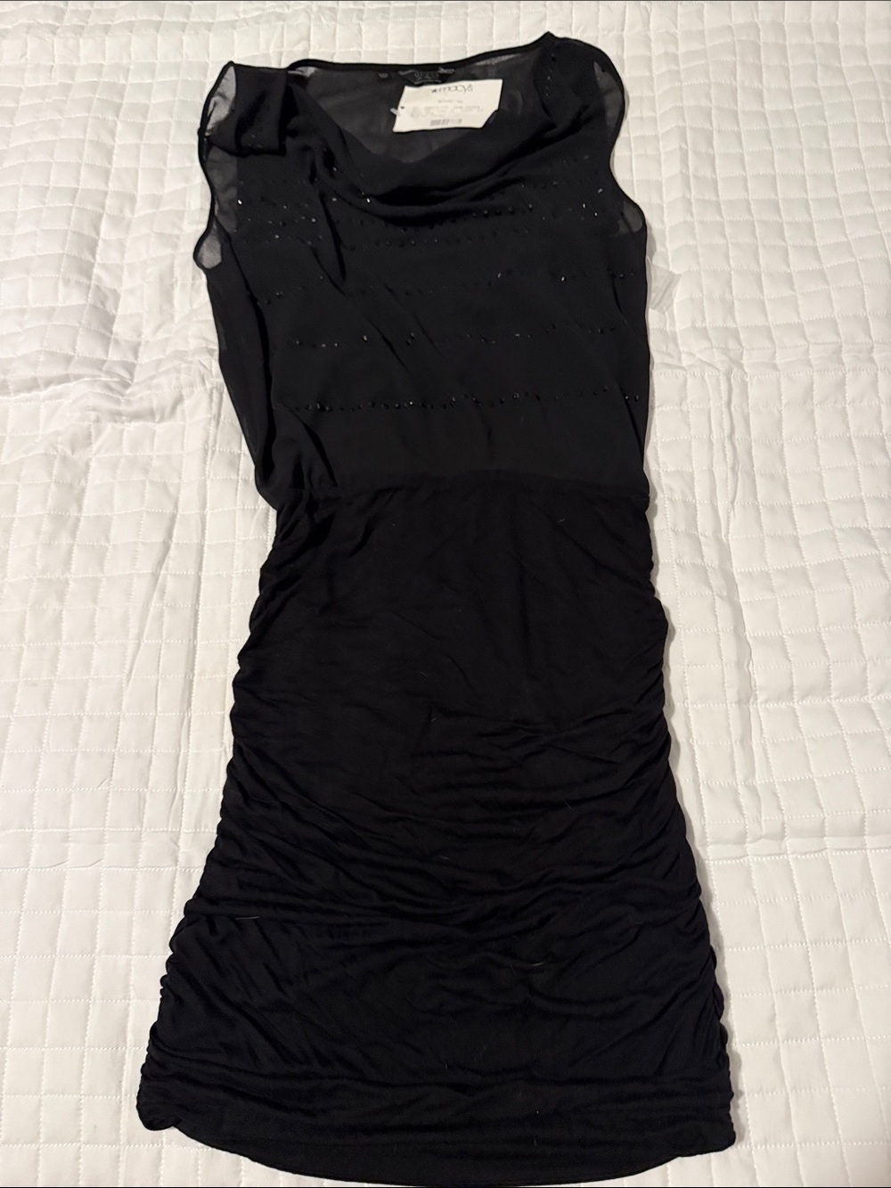Guess Black Sleeveless Ruched Mini Dress with Sheer Yoke